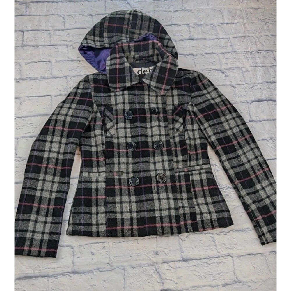 VTG Y2K Deb Size S Wool Blend Jacket Coat Peacoat winter Plaid Purple